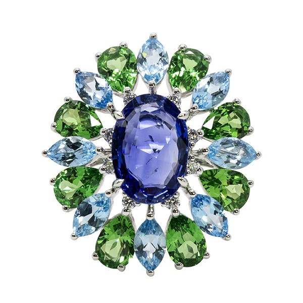 18K Blue Sapphire Topaz Tsavorite Diamond Flower Ring